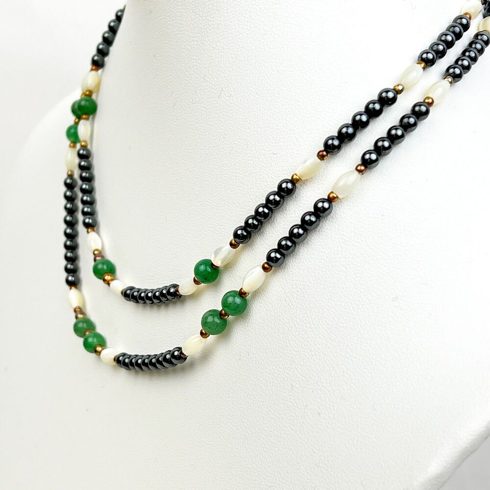 MOP Beaded Necklace Oval White Mother of Pearl Round Green Shiny Gunmetal Collar